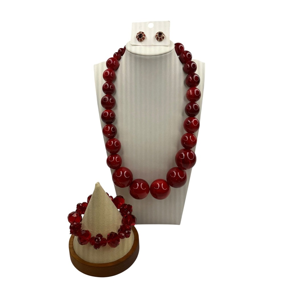 Vintage Style Ruby Red Jewelry Set Chunky Graduated Necklace Bracelet Earrings